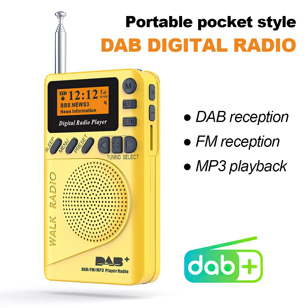 Mini Pocket Radio Portable FM/DAB/DAB+ Radio SD Card MP3 Player Clock USB Rechargeable FM DAB Receiver LCD Display