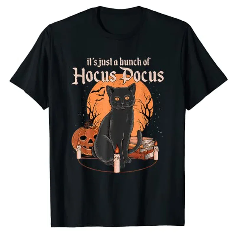 

Hocus Pocus Black Cat Graphic Tee Halloween Witchcraft Style Cotton Short Sleeve T-Shirt Men