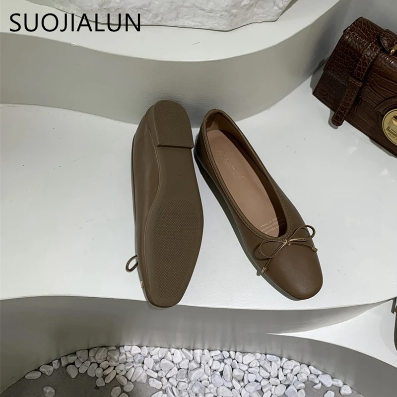 SUOJIALUN 2024 Spring New Brand Women Flat Shoes Round Toe Shallow Slip On Ballerinas Shoes Soft Flat Casual Dress Ballet Shoes