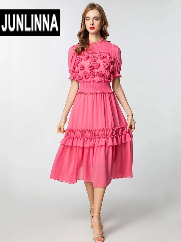 

JUNLINNA Fashionable Women Summer Dress Short Puff Sleeve Appliques Flowers and Ruffles Party Holiday Vestidos Waist Ealstic