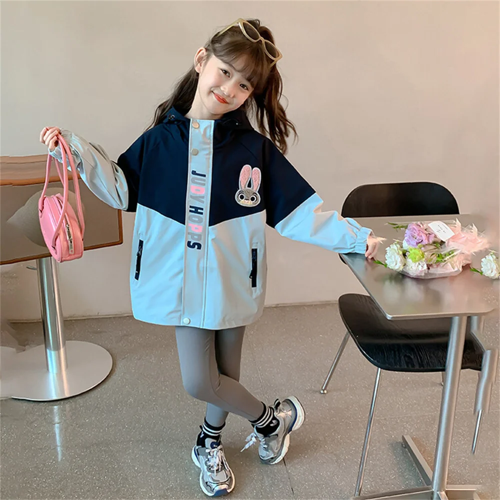 2425 Rabbit Police Officer Submachine Jacket Autumn Children's Trench Coat Outdoor Clothes Girls' Trench Coat With Hat Jacket