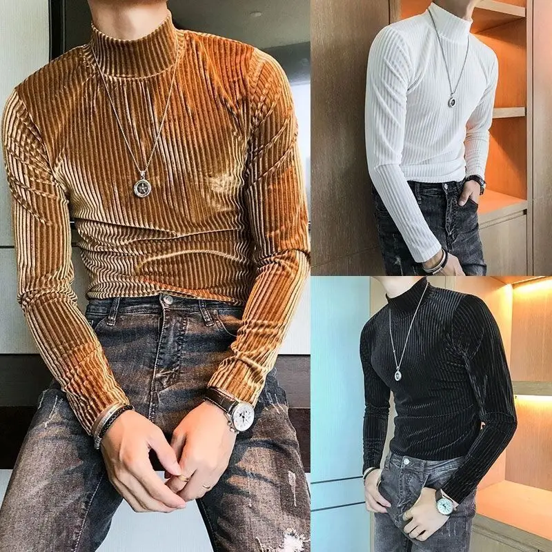 Spring New Semi-turtleneck Golden Velvet Cloth Striped Long-sleeved T-shirt Men's Guy Slim-fitting Middle-neck Warm Clothes