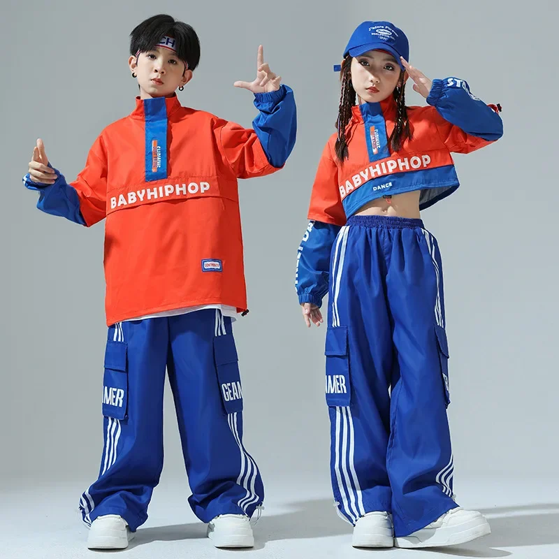 Vêtements Kpop Hip Hop pour enfants, haut court Orange, Streetwear Cargo Jogger, pantalon bleu pour filles et garçons, Costume de danse Jazz