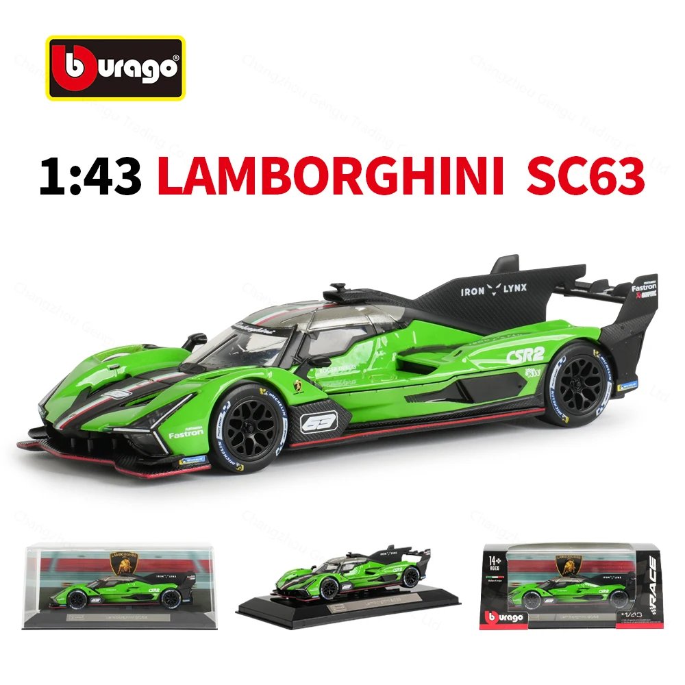 Bburago 1:43 Lamborghini SC63 LMDh vehículos estáticos fundidos a presión modelo coleccionable juguetes de coches de carreras