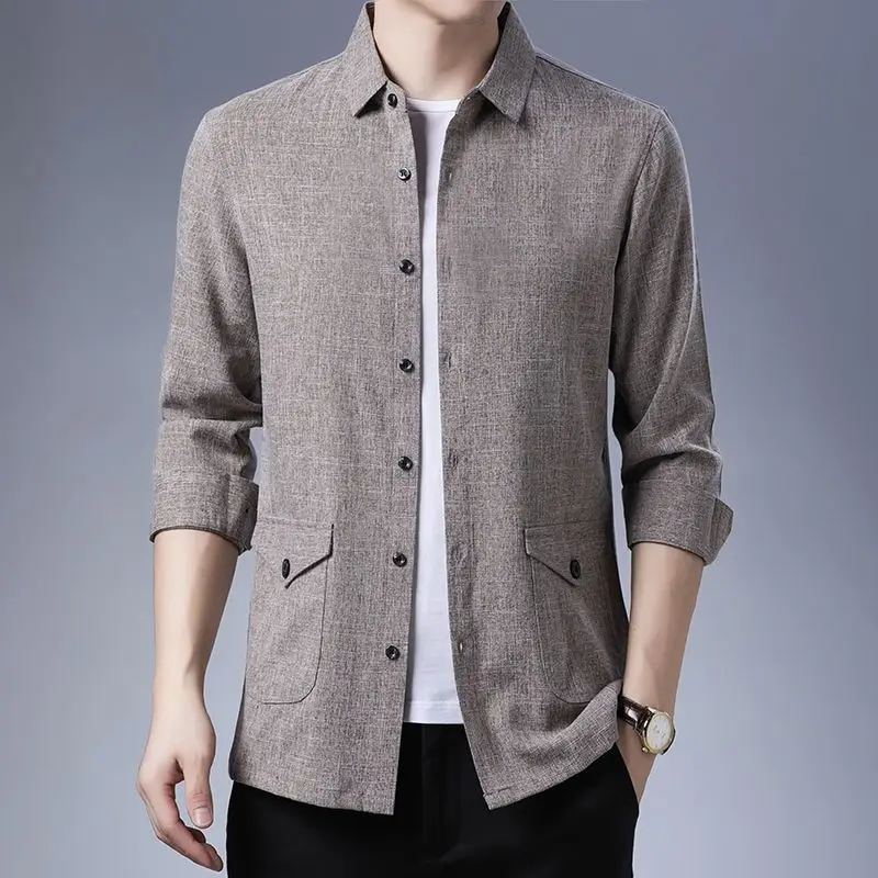 

Spring Autumn Men's Loose Long Sleeve Solid Color Collar Shirt