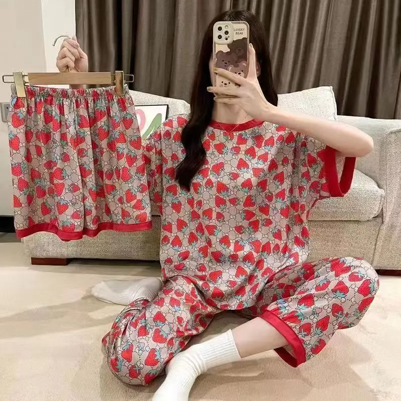 Pyjama d'été en soie de lait pour femmes, ensemble trois pièces, vêtements de maison mignons et doux, nouveau