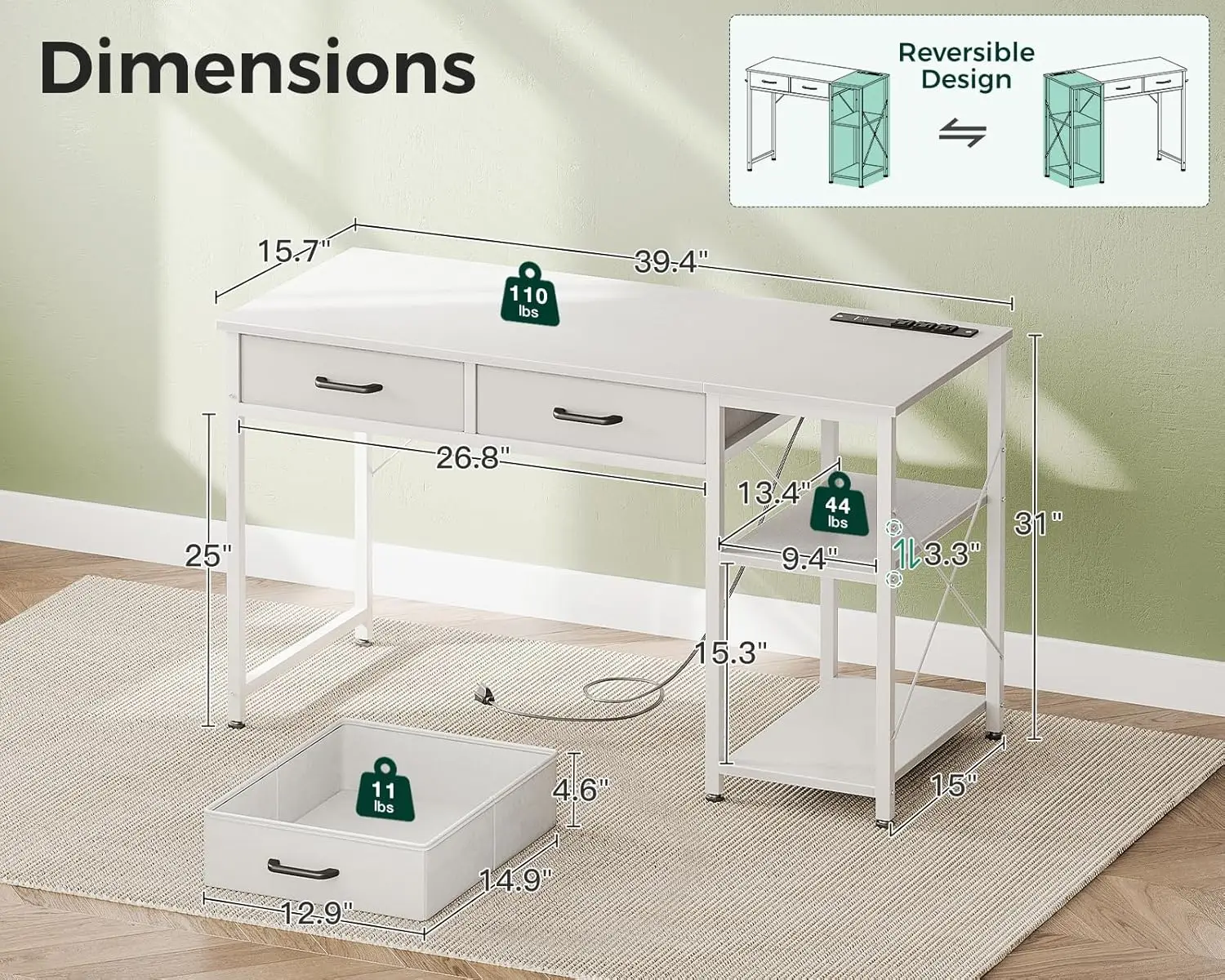 Mesa para laptop, mesa pequena de 40 espaços com gavetas e tomada de energia para quarto, mesa de computador, mesa de escritório doméstico com prateleiras de armazenamento, re