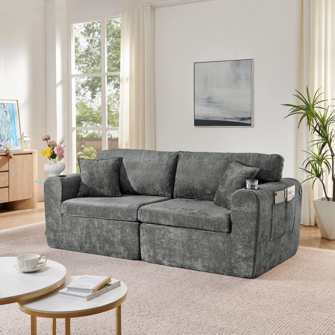 Sofá informal para dos personas, hecho de tela de nailon suave, equipado con bolsillos laterales para revistas, portavasos y cojines. Adecuado para sofá de sala de estar, sofá de estudio, sofá de habitación de invitados y sofá de apartamento.