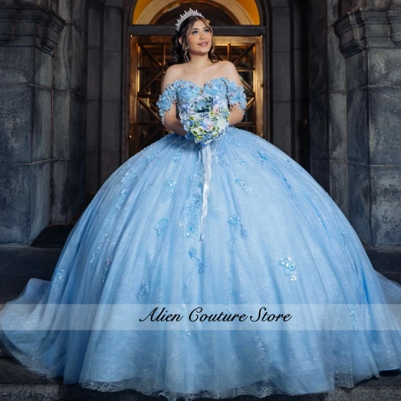 

Sky Blue Shiny Ball Gown Quinceanera Dresses Applique Lace Beads Bow Tull Corset Off Shoulder Sweet 16 Dress vestidos 15 de anos