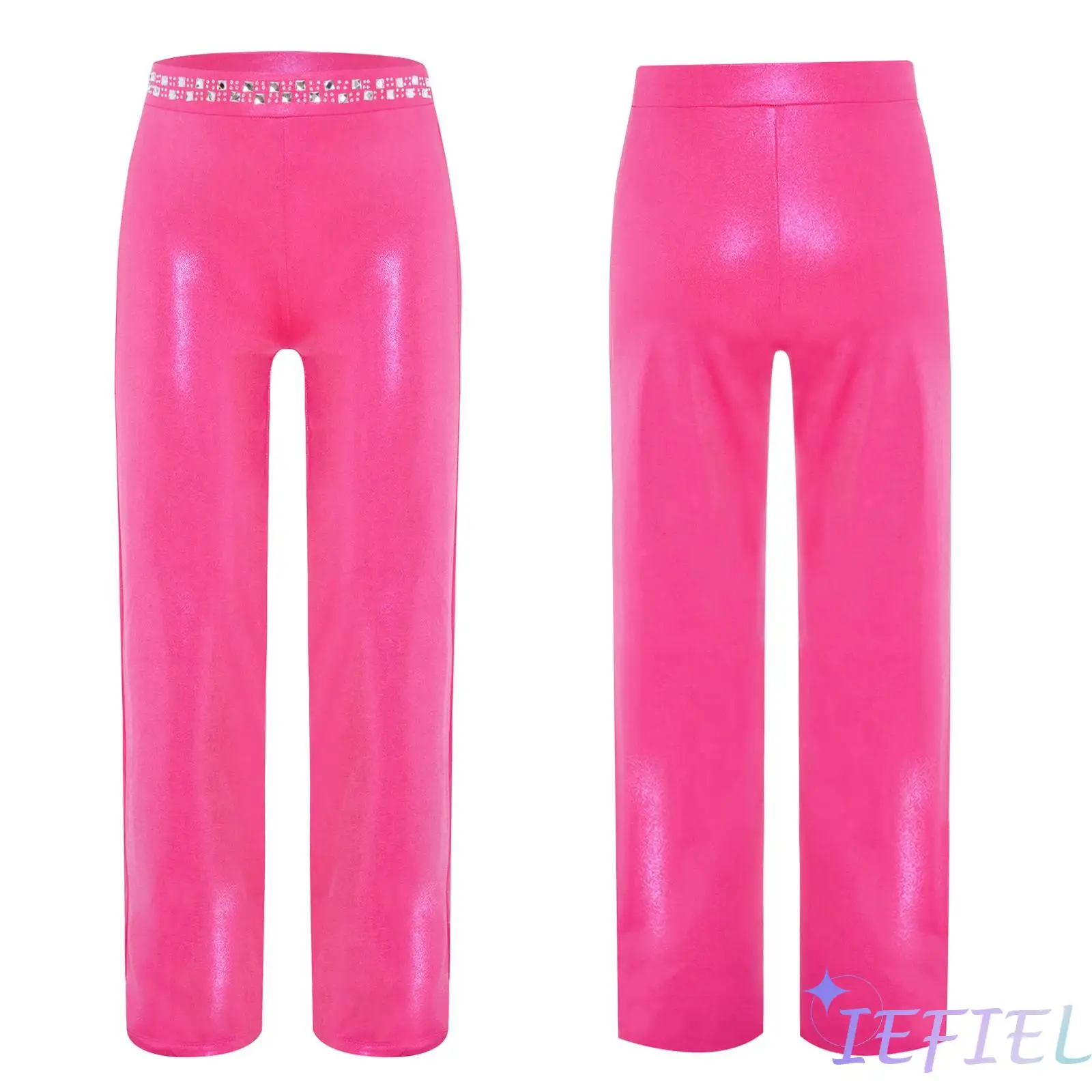 

Girls Jazz Dance Performance Costume Glossy Imitation Leather Trousers Shiny Rhinestones Elastic Waistband Metallic Dance Pants