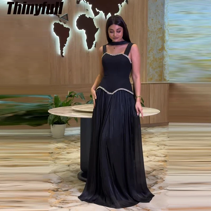 

Thinyfull A-line Shiny Satin Prom Dresses Sleeveless Crystal Arab Evening Gown Long Formal Dress robes de soirée Customized