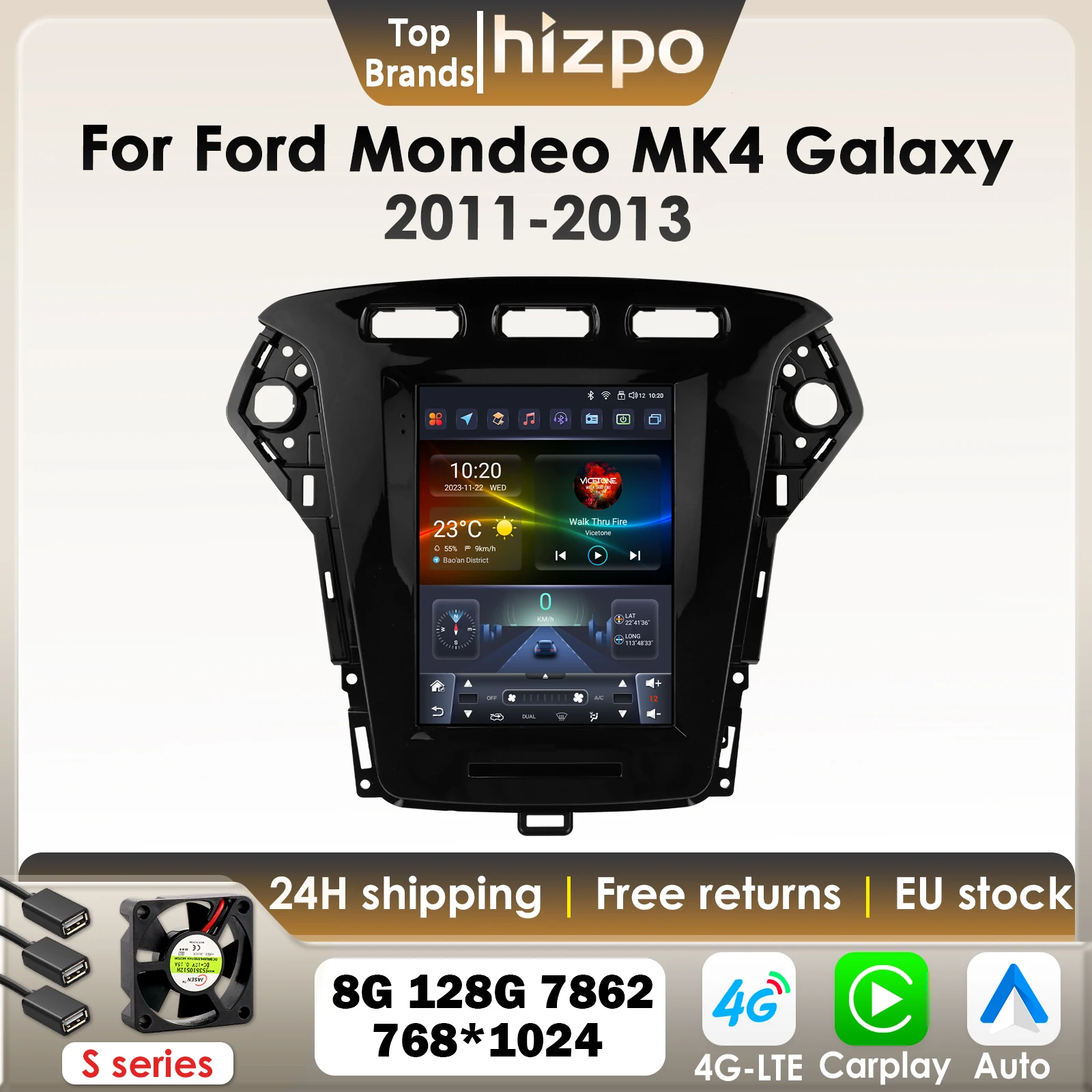 Hizpo Android Intelligentes Autoradio für Ford Mondeo Mk4 Galaxy A/C 2007–2013 für Tesla Style Vertikaler Bildschirm Carplay GPS 4G 7862