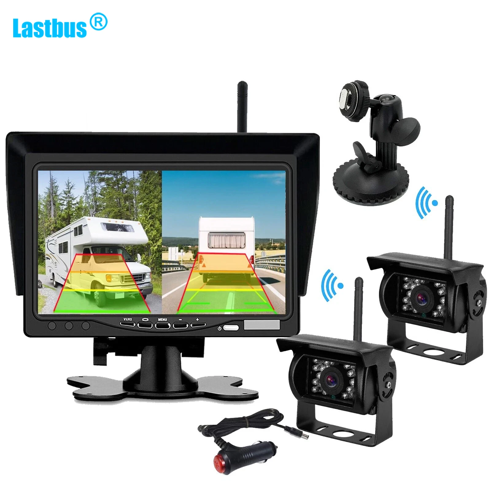 

Lastbus 2X Wireless Reverse Camera Rear View 7" Split Monitor For RV Truck Caravan Car