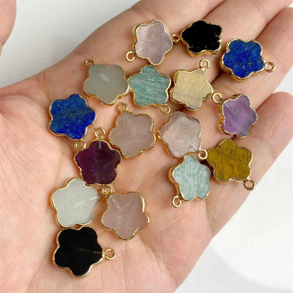 5pcs 15MM Flower Shape Natural Stone Pendant Charm Crystal Quartz Gem Blue Green Stone Pendant Spacer Charm Diy Necklace