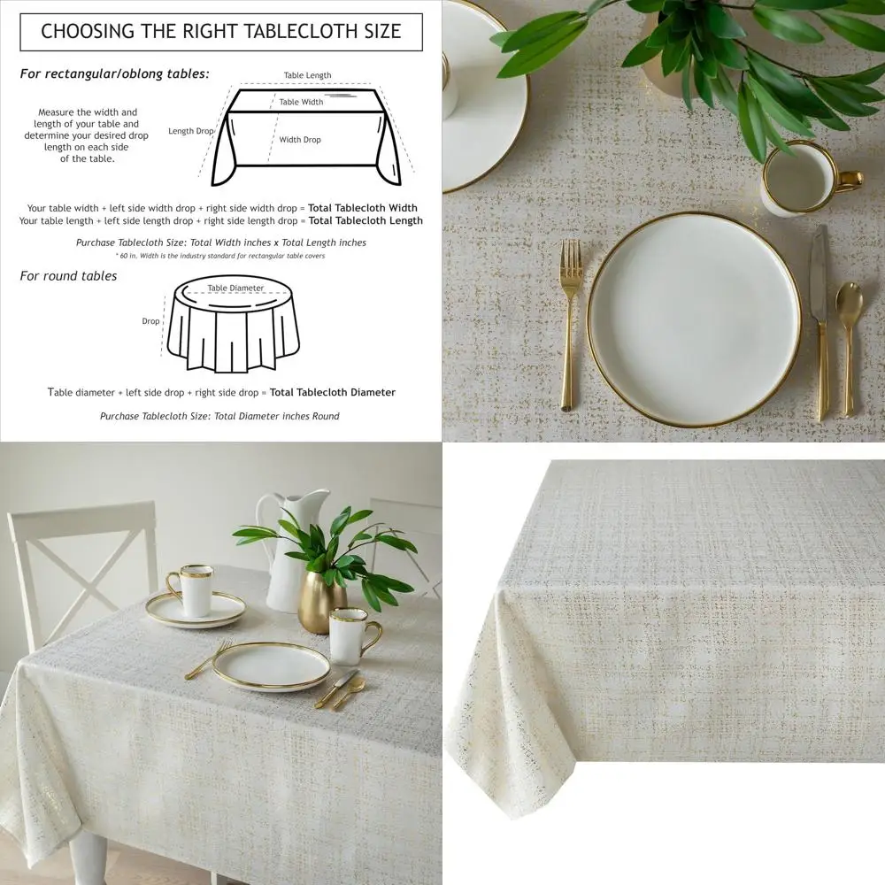 

Goldmine Foil Print Fabric Tablecloth for Holiday, Winter, Thanksgiving, and Christmas (60x144 Rectangular, Ivory/Gold)