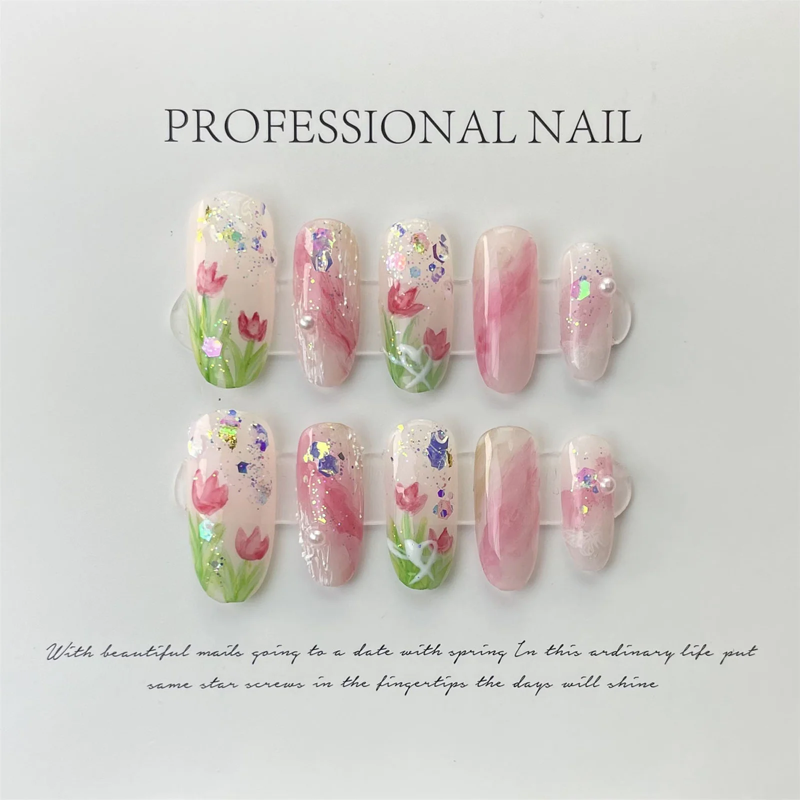 

10Pcs Artificial Nails Tulip Cinnamon Long Round Rhinestone Fake Nails For Wedding Party