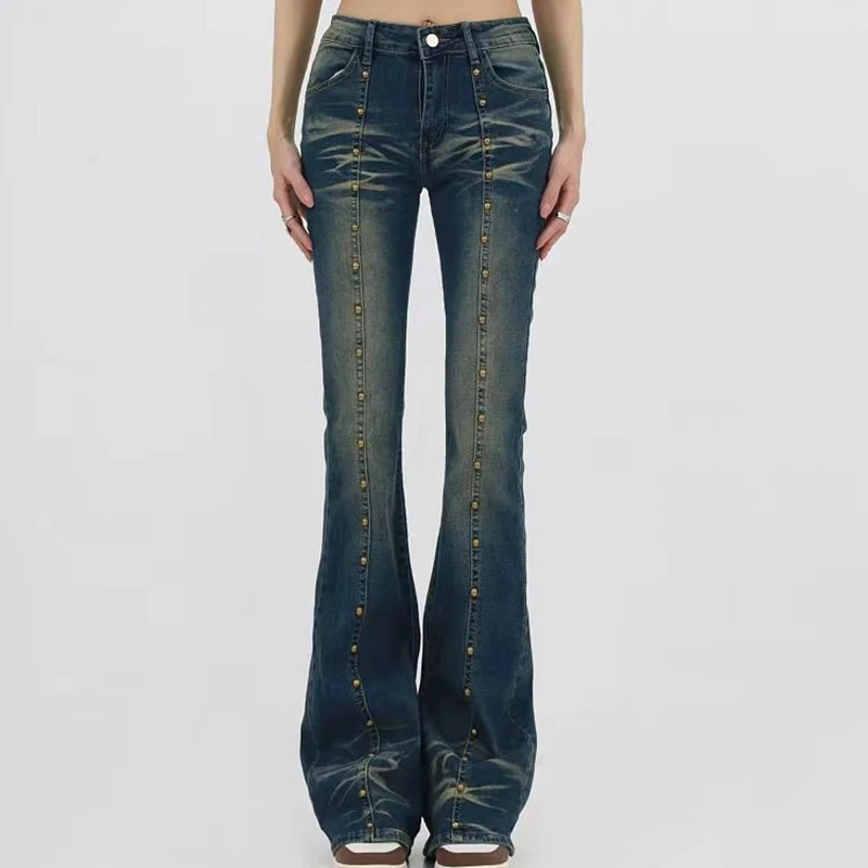 

Vintage Americana Low Rise Flared Jeans Rivet Studs Distressed Washed Denim Pants Bootcut Slim Y2K Harajuku Street Denim Pants