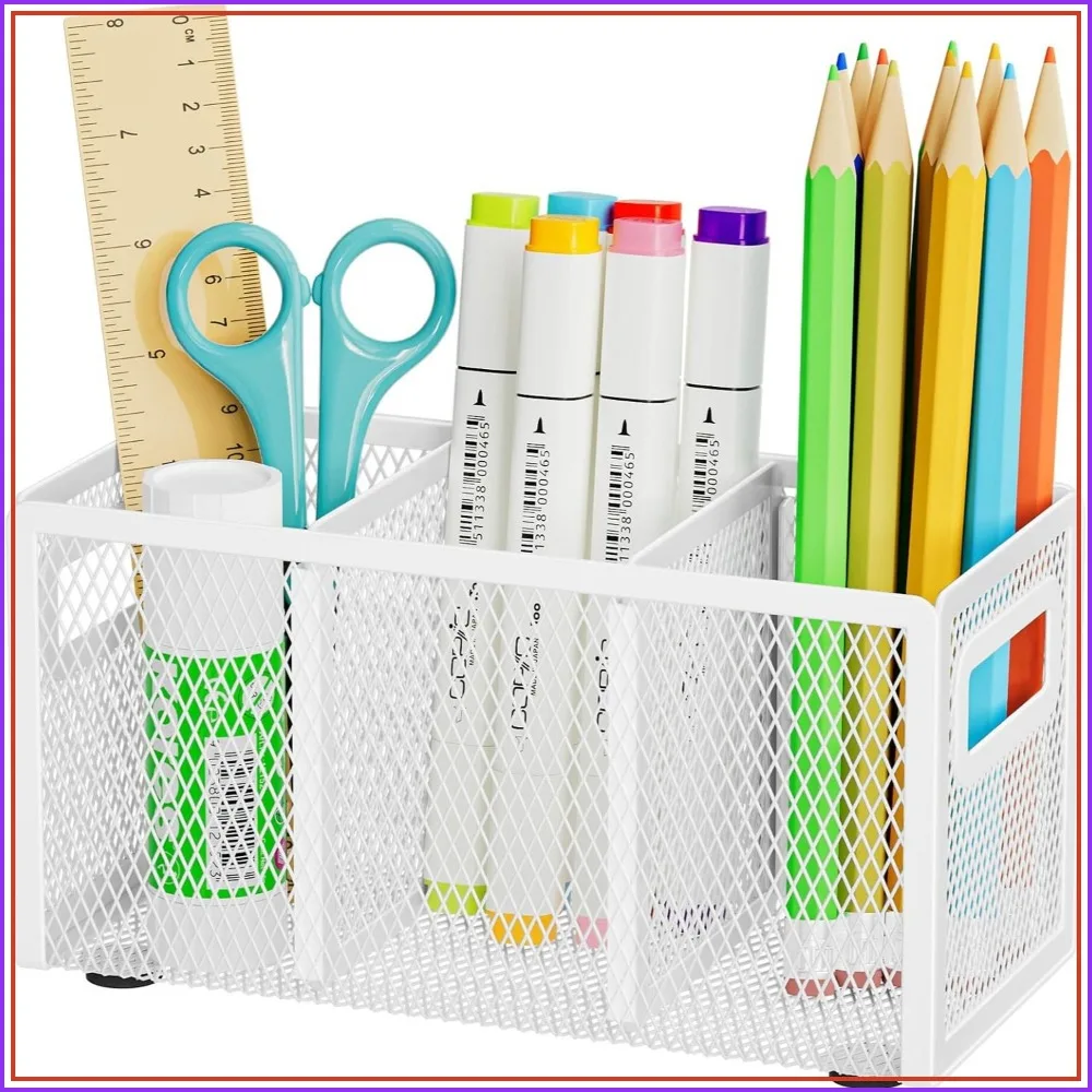 3-Compartment Mesh Pen Holder for Desk, Adjustable Pencil Cup with Handle, Non-Skid, White