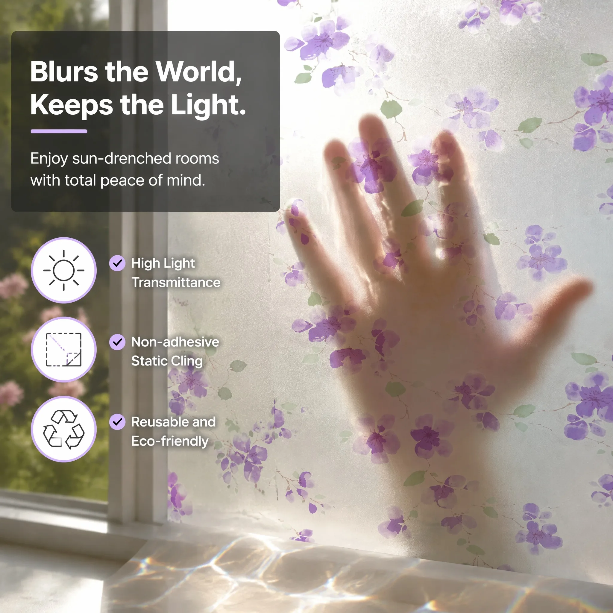 Purple Floral Pattern Self-Adhesive Frosted Window Film Privacy Decorative Film for Glass Doors And Windows view 3
