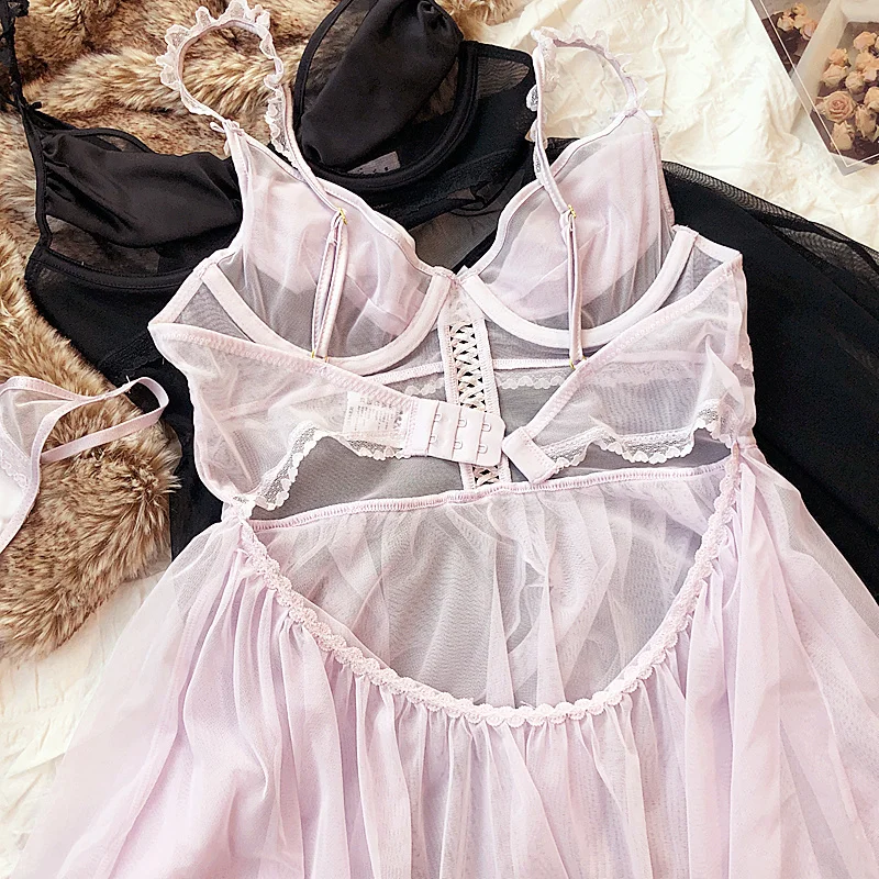 Sexy mesh satin backless nightgown soft steel ring top bra women lingerie suspenders short dress with thongs