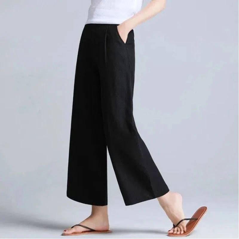 Summer New Elastic Waist Thin All-match Wide Leg Pants Solid Color Loose Vintage Straight Pants Casual Fashion Women Clothing