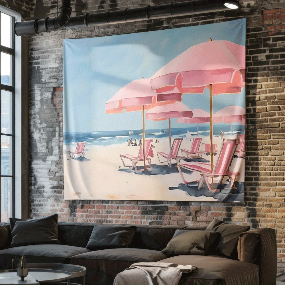 Beach chairs and sun umbrellas Digital printing polyester wall tapestry suitable for use in living rooms bedrooms bars and party