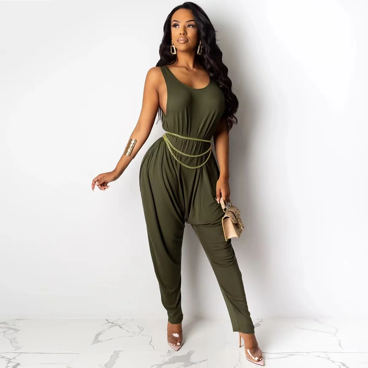 Women Casual Sleeveless Jumpsuits Summer Deep V-Neck One-piece Solid Long Rompers Casual Plus Size Loose Long Pants Playsuits