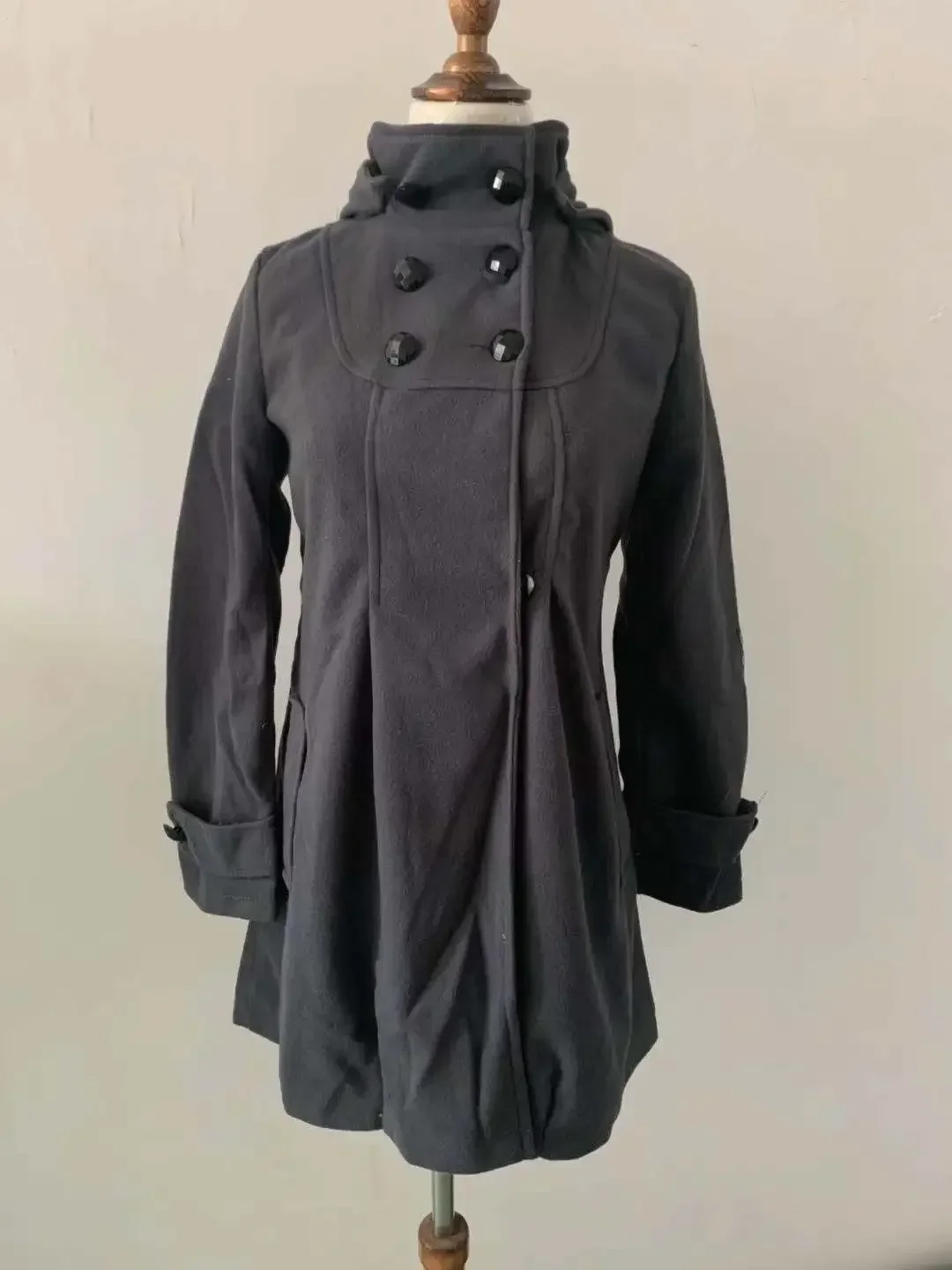 Cappotto da donna in misto lana verde nero Cappotto lungo in lana con cappuccio doppiopetto Giacca a vento da donna Mantello a pieghe di grandi