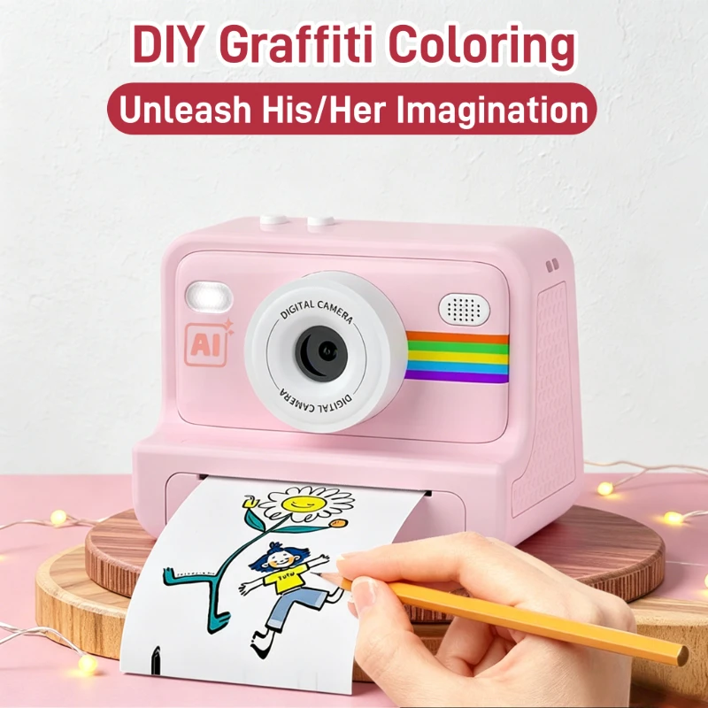 An upgraded AI voice-controlled instant camera featuring 1080p HD effects for taking fun photos. The 5-in-1 AI multifunctional camera kit includes 3 rolls of photo paper, 2 stickers, an 8GB memory card, and a card reader.