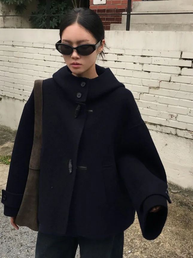 

Retro Horn Button Pure Color Versatile Hooded Woolen Short Coat Women's Winter New Style High-End Feeling Tweed Top