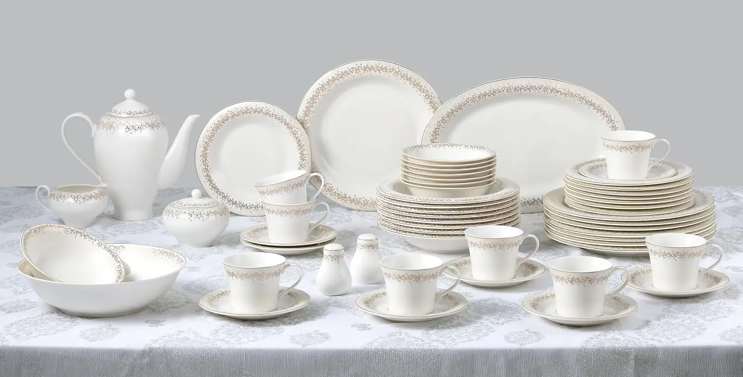 Bone China Dinnerware Set, 57-Piece Formal Dining Collection, Service for 8, White Tableware with Gold Border Design