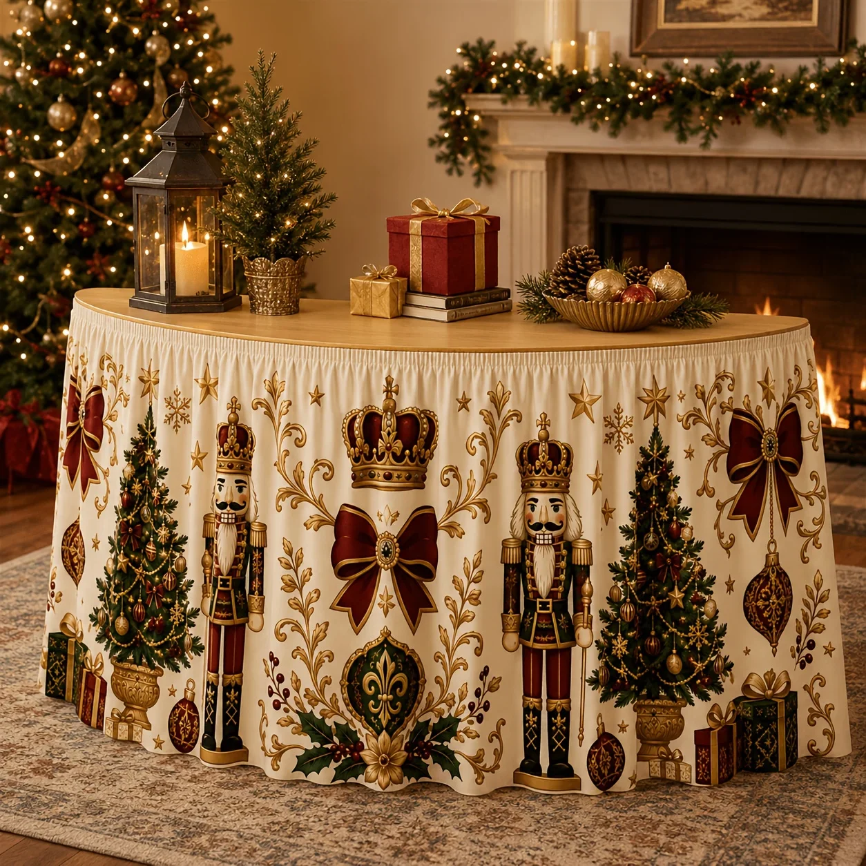 One tablecloth or table skirt, retro nutcracker Christmas tree bow crown decoration for holiday party decoration.xzj