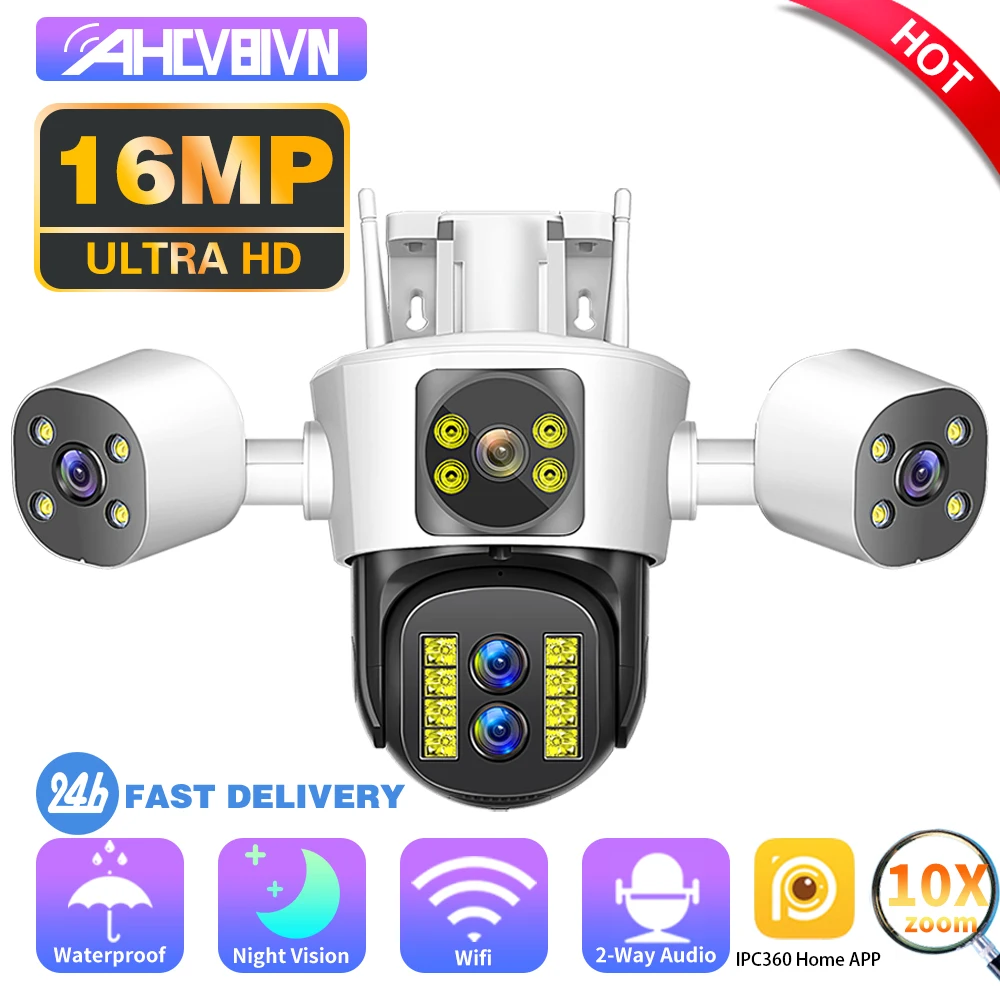 

8K 16MP WiFi Camera Outdoor Four Lens Three Screen 10X PTZ Zoom CCTV Security-Protection Ai Tracking Surveillance IPC360 Home