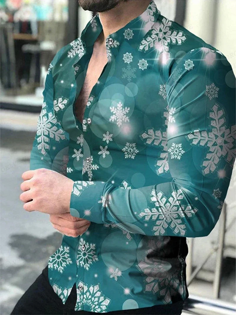 2025 Men's dark retro pattern polka dot 3D printed shirt outdoor street long-sleeved lapel slim clothing business fashion top