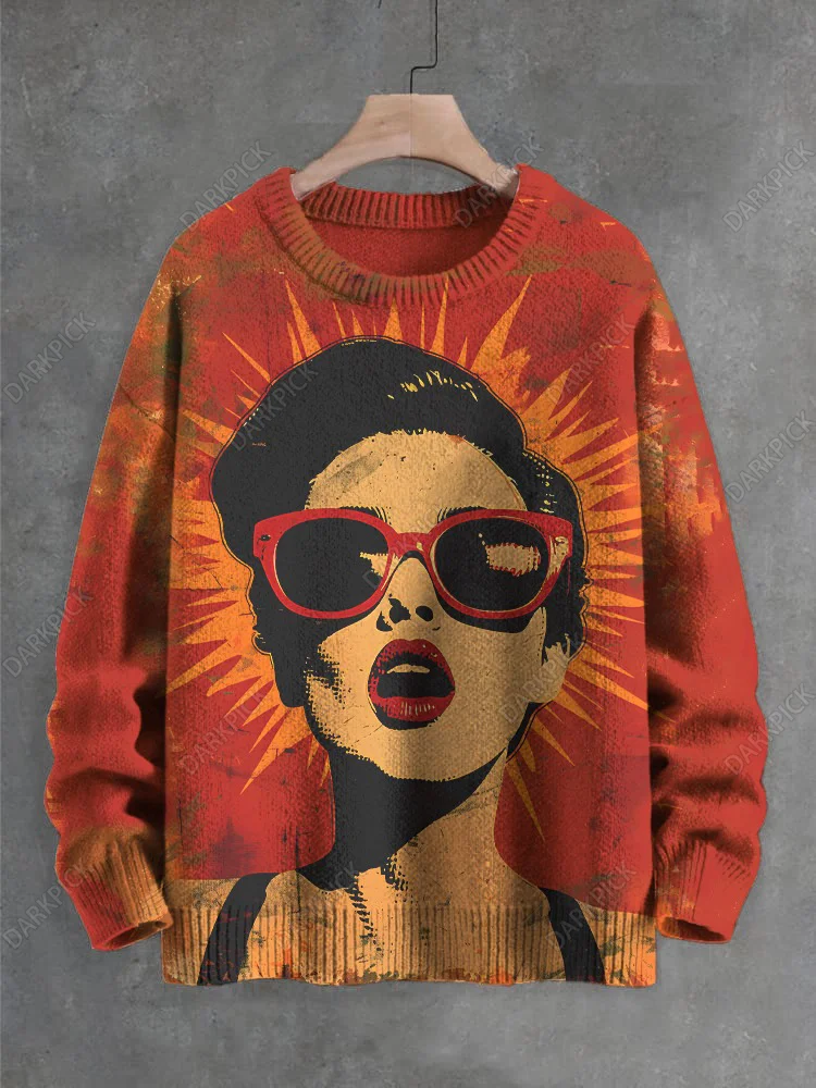 

Men's Vacation Style Cool Woman Art Print Knit Sweatshirt Women For Men Sweater