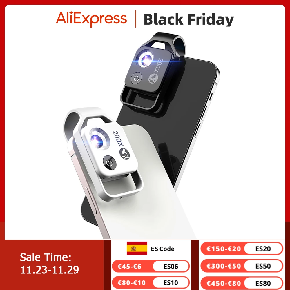 Lente de microscopio digital APEXEL 200X con guía de luz LED móvil CPL lentes macro de bolsillo micro para iPhone Samsung todos los teléfonos inteligentes