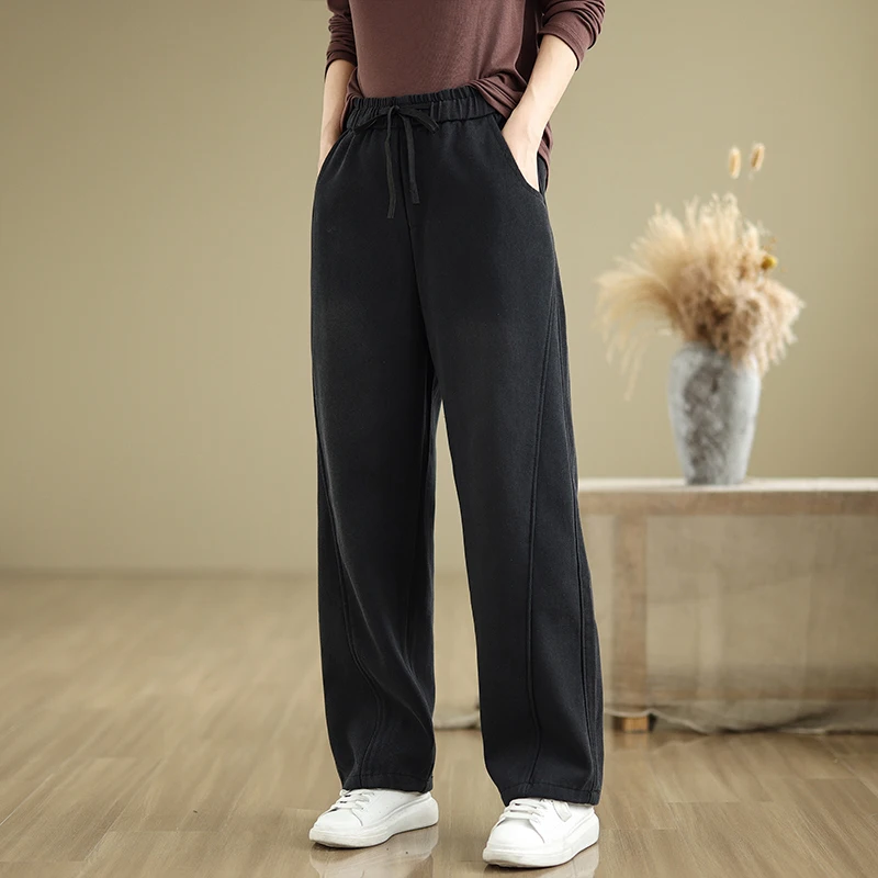 Pantaloni a banana a gamba larga in denim sbiadito retrò Waed Pantaloni lunghi dritti slim drappeggiati a vita alta invernali da donna alla moda