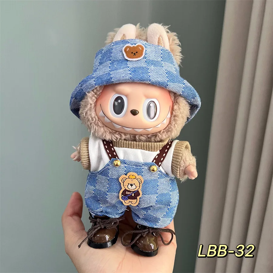 For 17cm Labubu Doll clothes 14Style Overalls Mini Plush Doll Clothes Outfit Accessories Idol Hat T-shirt Pants Clothing Gift