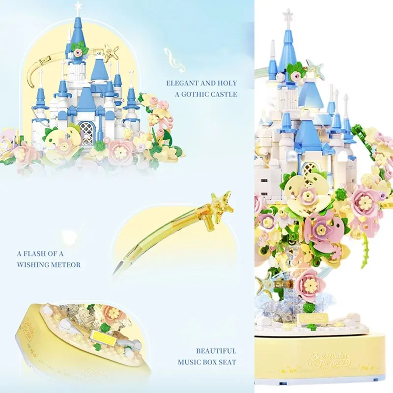 Creative Flower Castle Hanging Garden Music Box With Led Lights Model Building Blocks MOC Bricks Decoration Toys Valentine Gift