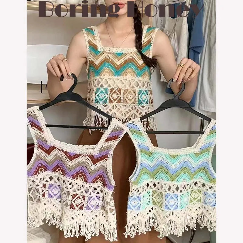 

Boring Honey Fashion Retro Flower Openwork Top Female Embroidery Design All-Match Vest Spring Summer New V-Neck Tassel Top Women