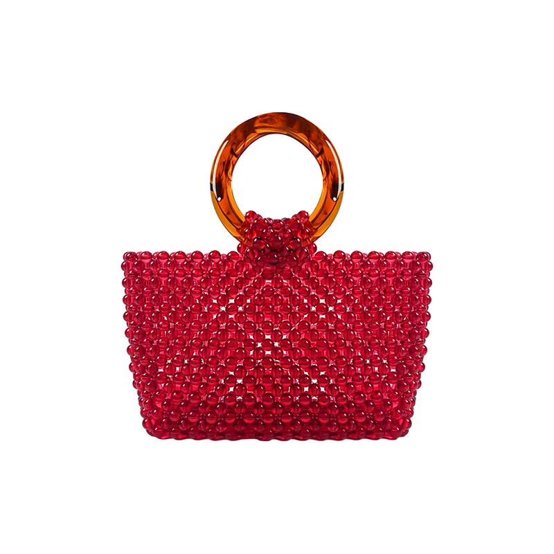 

New personalized red bead handmade bead woven acrylic fashionable and versatile circular handle handbag for women