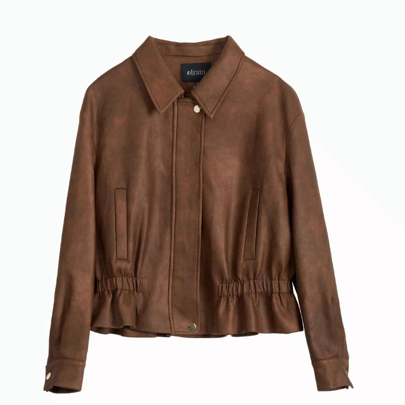 OLrain Amerikanische Retro-Stil Wildleder Jacke Frauen 2025, Herbst Mode Lose Kurze Mantel Zipper Dropped Schulter Mantel GO57QW93558
