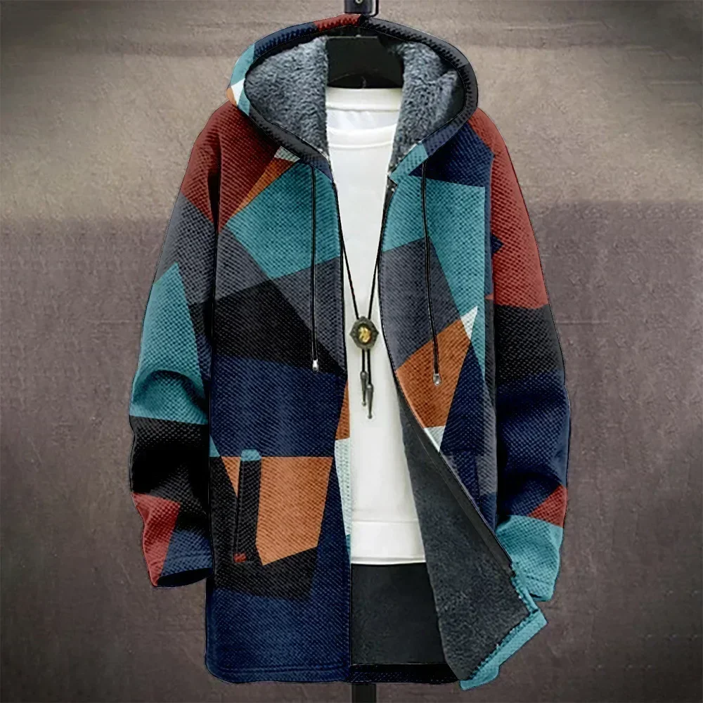 Men Cardigans Coats Stripes Geometric Art Graphics Printed Plush Thick Winter Zipper Casual Streetwear Unisex Clothing