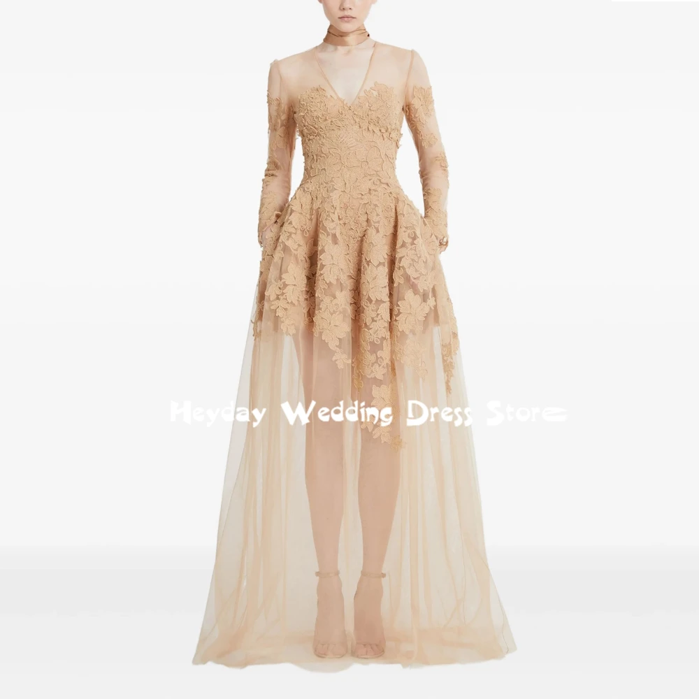 

Heyday Customized Lace Applique Long Sleeves A-Line Evening Party Dresses With Floor-Length Formal Elegant Women's Dresses 2025