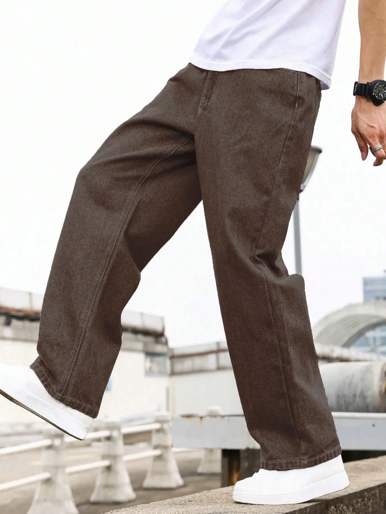 Men's Vintage Dark Brown Washed Wide Leg Jeans, Y2K Streetwear Solid Color Baggy Straight Denim Trousers Unisex
