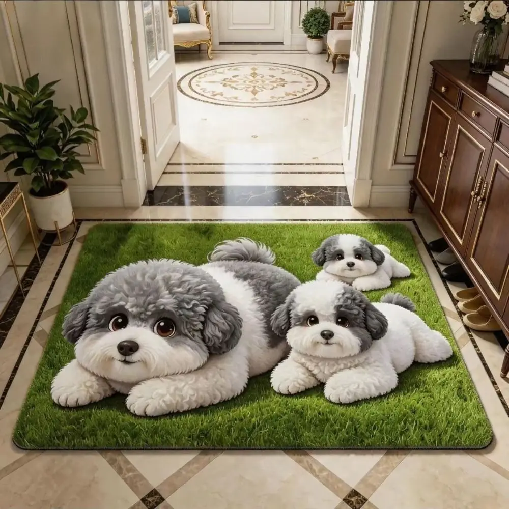 Cartoon Diatomite Teddy Dog Print Rug Pet Themed Non-slip Floor Mat Absorbent Abrasion-resistant Entryway Rug Home Decor
