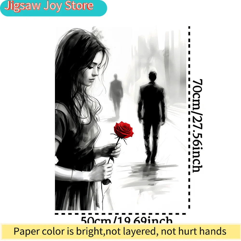 

1000pcs Large Jigsaw Puzzle - Romantic Couple & Red Rose Puzzle Game, Black-and-White Line Art with Red Flower, Challenge for