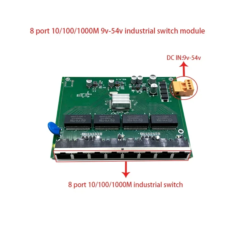 이더넷 네트워크 산업용 스위치 모듈, 8 포트, 10, 100, 1000M, 9V-54V