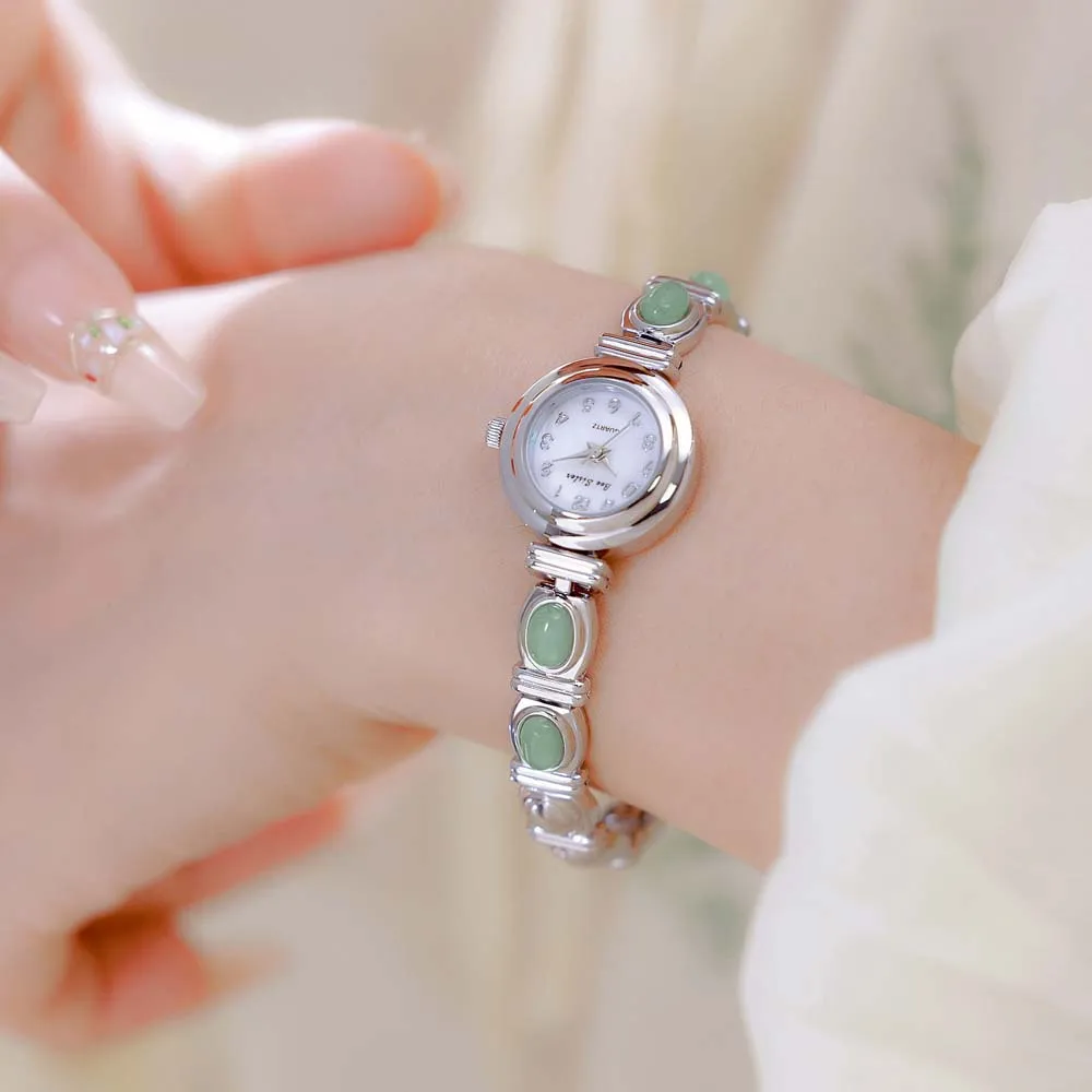 Vintage Women's Watches Fashion Naturally Jade Jewelry Bracelets High Quality Gold Wristwatch Retro Quartz Ladies Dress Watches