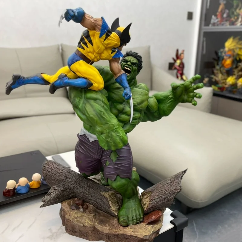 36cm Marvel Superhero Combat Scene Version Hulker Vs Wolverine Pvc Action Figure Green Man Statue Collection Model Adult Gift